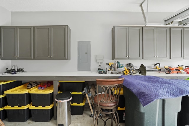 kitchen featuring gray cabinets and electric panel