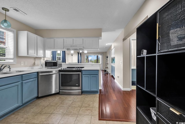 kitchen with appliances with stainless steel finishes, a healthy amount of sunlight, light wood-type flooring, and pendant lighting