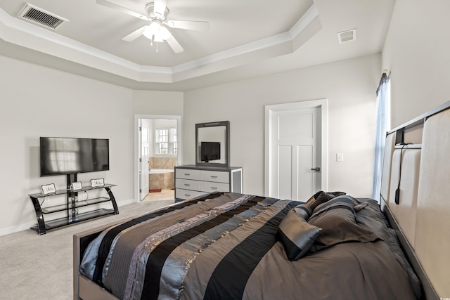 carpeted bedroom featuring a closet, ceiling fan, and connected bathroom