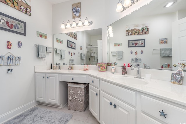 bathroom with tile patterned flooring, vanity, and an enclosed shower