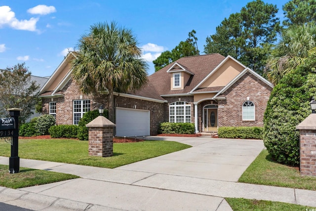 view of front of house featuring a garage and a front lawn