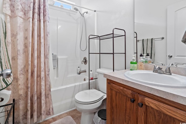 full bathroom featuring shower / bathtub combination with curtain, tile patterned flooring, vanity, and toilet