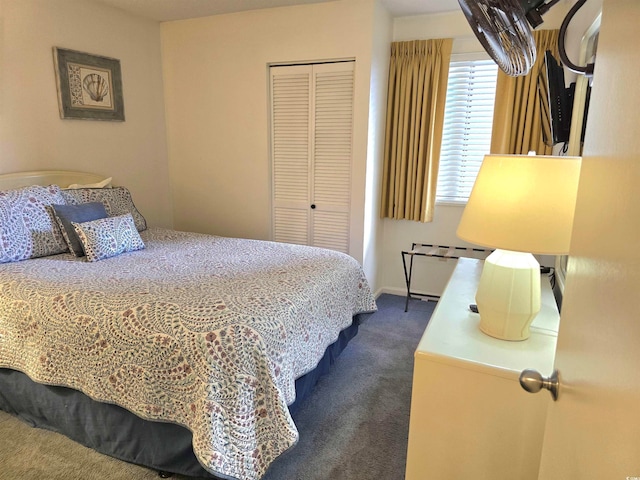 bedroom featuring a closet and dark colored carpet