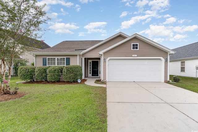 ranch-style house with a garage and a front yard