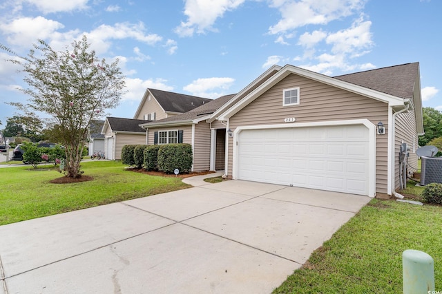 view of front of home with a front yard, a garage, and cooling unit