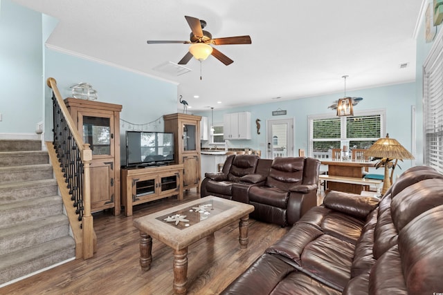 living room with visible vents, stairway, ornamental molding, wood finished floors, and a ceiling fan