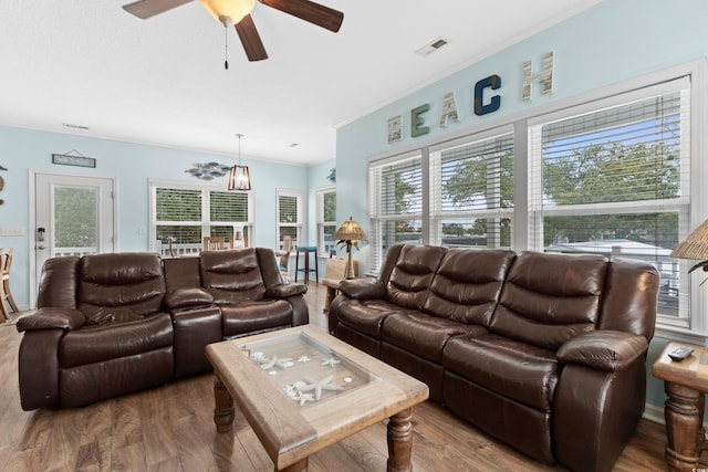 living room with visible vents, wood finished floors, ceiling fan, and ornamental molding