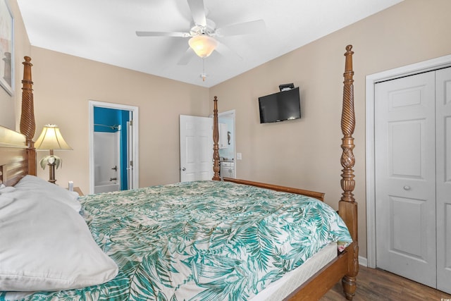 bedroom featuring connected bathroom, ceiling fan, and wood finished floors