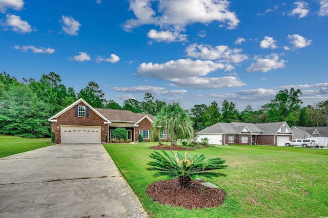 single story home featuring a front yard and a garage