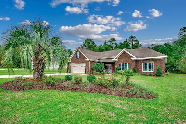 ranch-style home featuring a garage and a front lawn