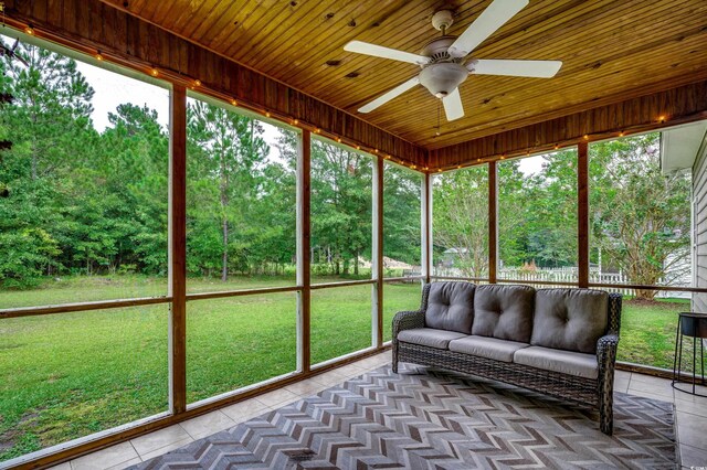 sunroom with wooden ceiling, ceiling fan, and plenty of natural light