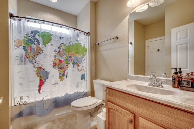 full bathroom with vanity, tile patterned flooring, toilet, and shower / tub combo with curtain