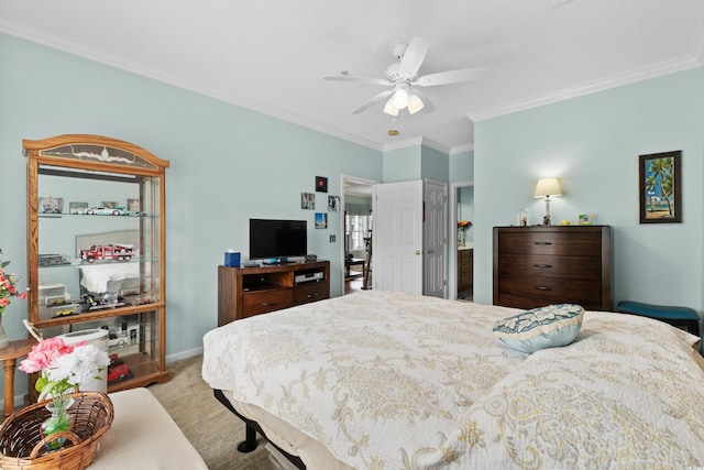 bedroom featuring ceiling fan, light colored carpet, and ornamental molding