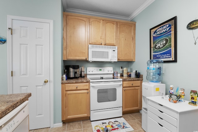 kitchen with white appliances, ornamental molding, and light brown cabinets