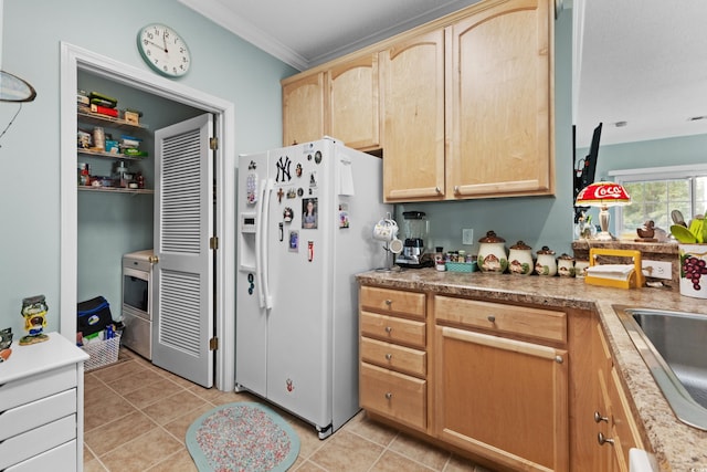 kitchen featuring white refrigerator with ice dispenser, light tile patterned flooring, light brown cabinets, crown molding, and stainless steel range