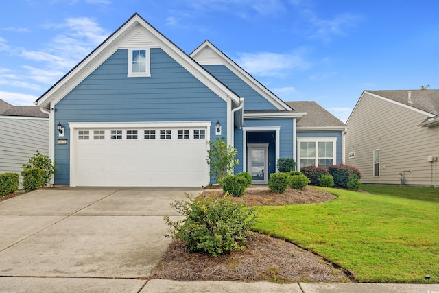 craftsman inspired home featuring a front lawn and a garage