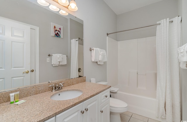 full bathroom with tile patterned flooring, vanity, toilet, and shower / bath combination with curtain