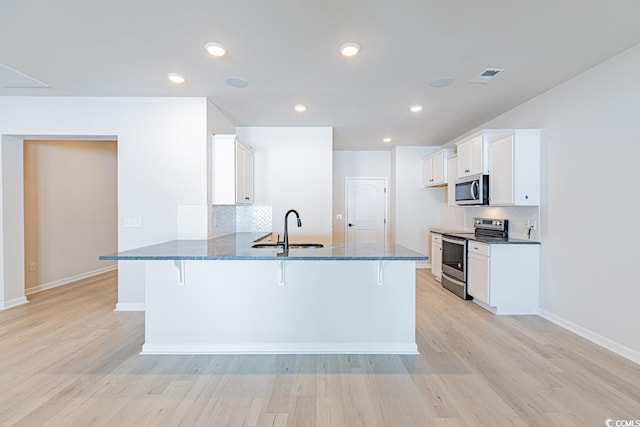 kitchen featuring a kitchen breakfast bar, sink, kitchen peninsula, white cabinetry, and stainless steel appliances