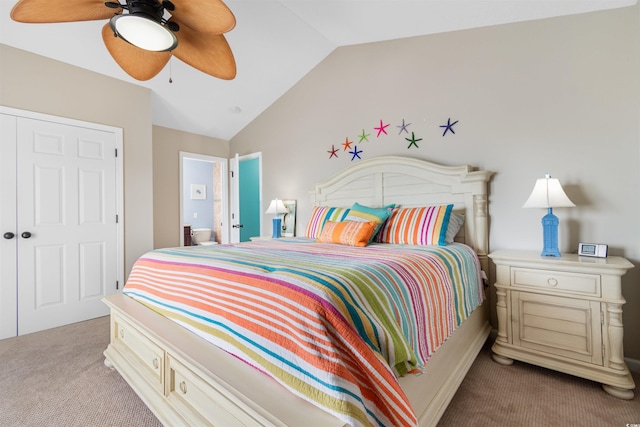 117B Ocean Blvd S, Surfside Beach, SC 29575 - bedroom with lofted ceiling, a ceiling fan, carpet flooring, and a closet