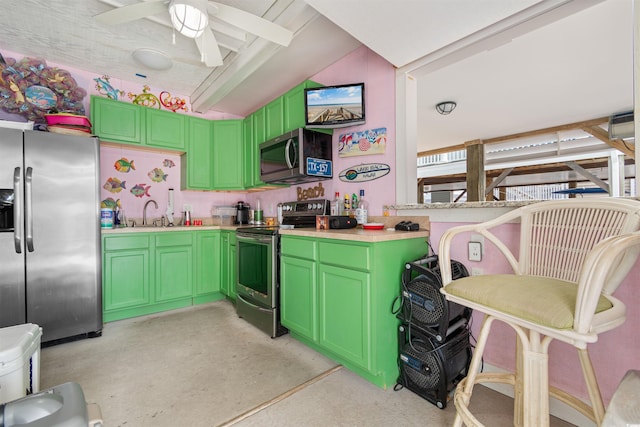 kitchen featuring green cabinetry, ceiling fan, appliances with stainless steel finishes, and sink