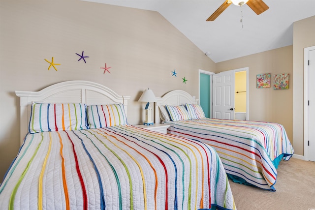 carpeted bedroom with ceiling fan and lofted ceiling