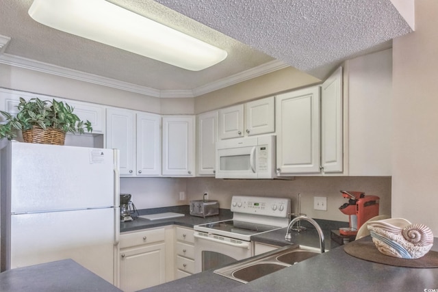 kitchen featuring a textured ceiling, sink, white cabinets, white appliances, and crown molding