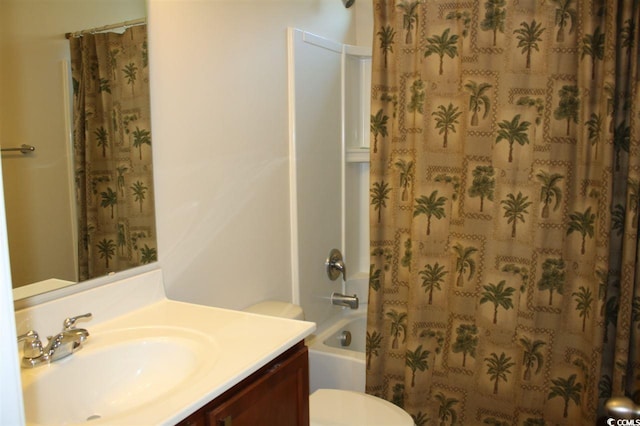 full bathroom with vanity, toilet, and shower / bath combination with curtain