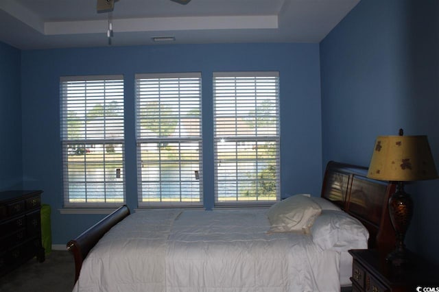 bedroom featuring a raised ceiling and ceiling fan