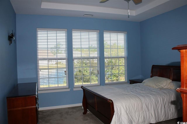 bedroom featuring carpet flooring, ceiling fan, and a raised ceiling