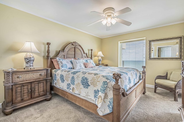 bedroom with ornamental molding, carpet floors, and ceiling fan