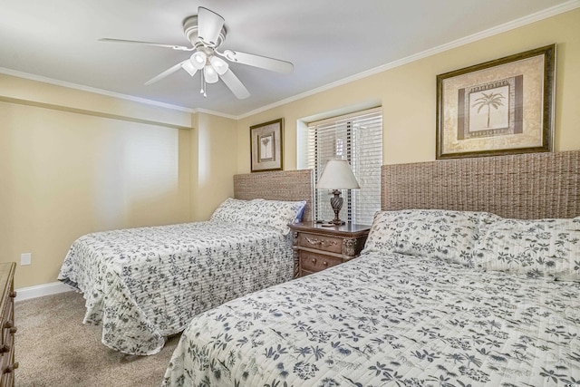 carpeted bedroom with crown molding and ceiling fan