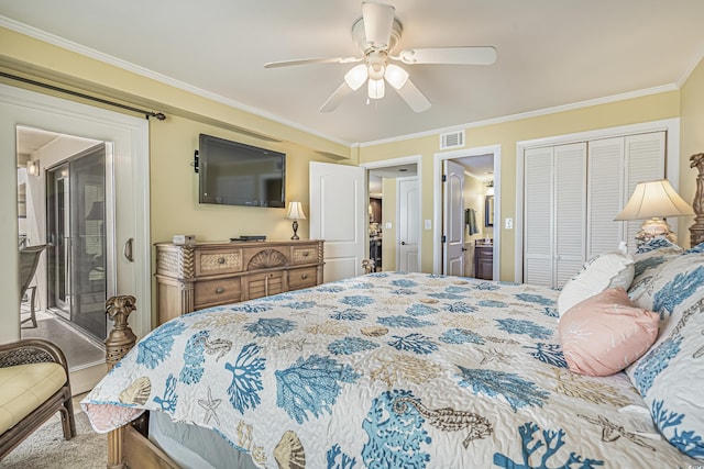 bedroom featuring crown molding, ceiling fan, connected bathroom, and a closet