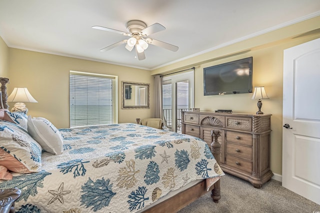 bedroom featuring ornamental molding, light colored carpet, ceiling fan, and access to outside