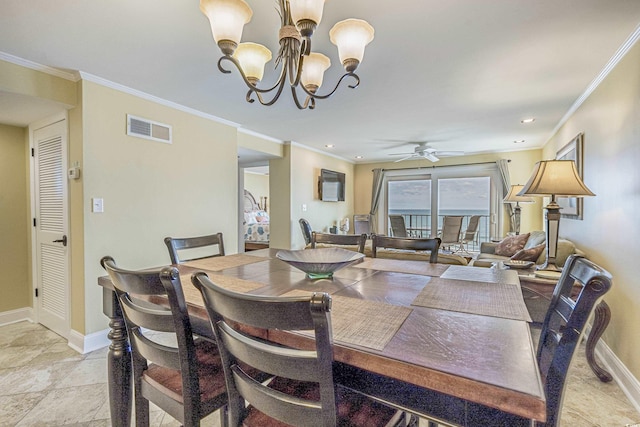 dining room with crown molding and ceiling fan with notable chandelier