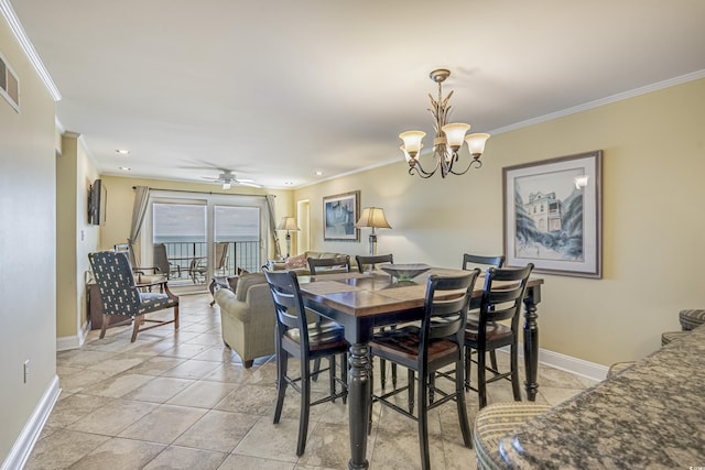 dining area with light tile patterned floors, crown molding, and ceiling fan with notable chandelier