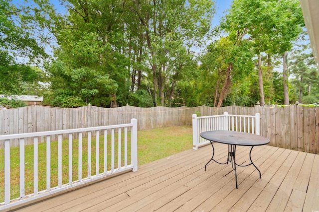 wooden terrace featuring a yard