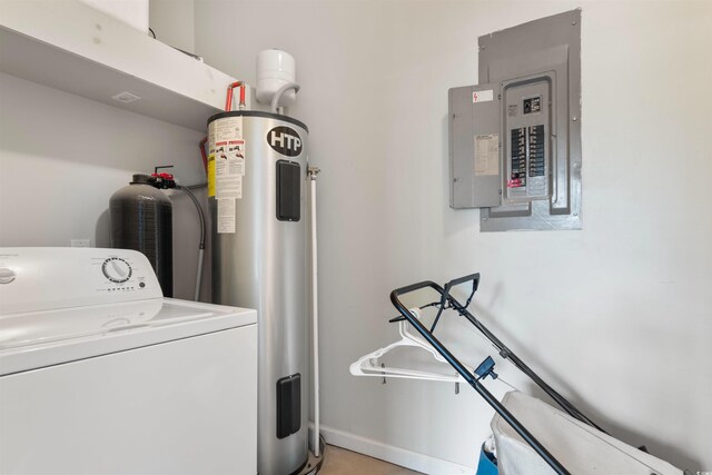 laundry room featuring washer / dryer, water heater, and electric panel