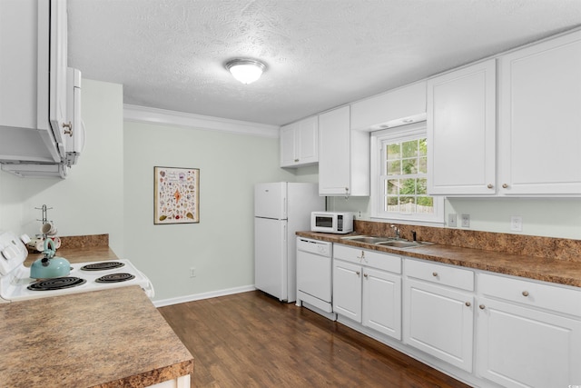 kitchen with dark wood-type flooring, white cabinets, white appliances, a textured ceiling, and sink