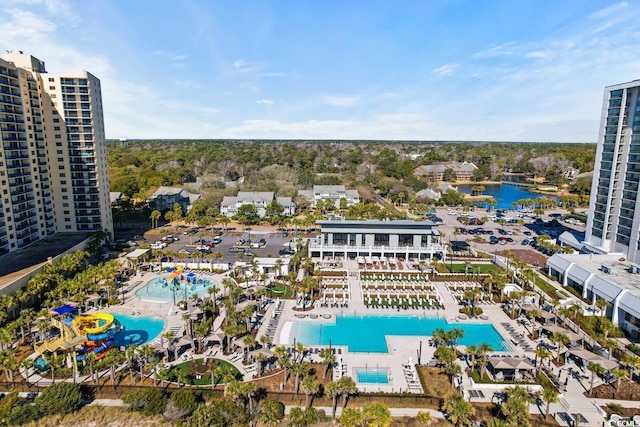 bird's eye view with a water view