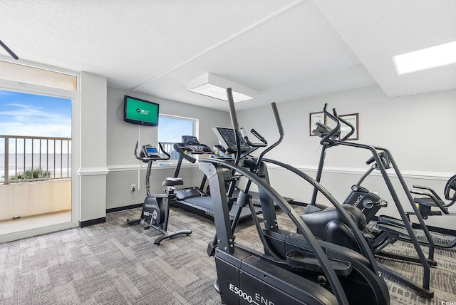 workout area with a textured ceiling and carpet flooring