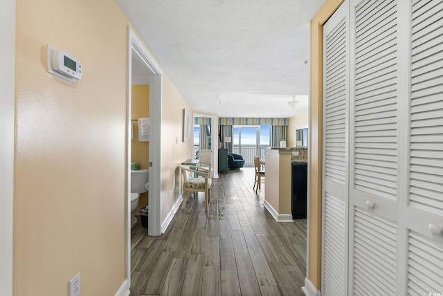 hall featuring dark hardwood / wood-style floors and a textured ceiling