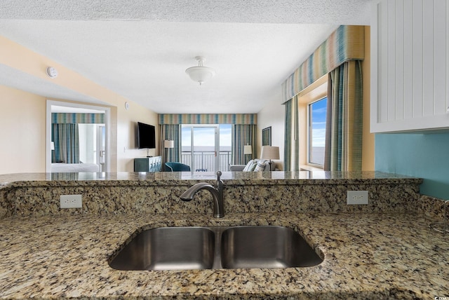 kitchen with sink, a textured ceiling, and stone countertops