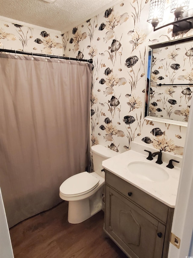 bathroom featuring vanity, a textured ceiling, wood-type flooring, a shower with shower curtain, and toilet