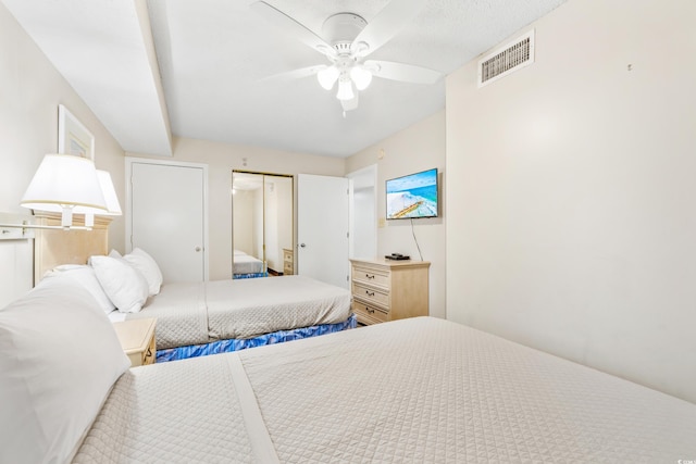 bedroom with ceiling fan and a closet