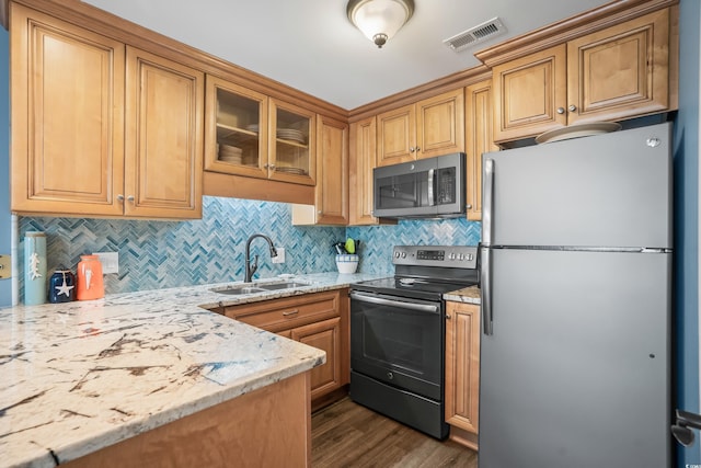 kitchen with light stone counters, sink, dark wood-type flooring, stainless steel appliances, and decorative backsplash