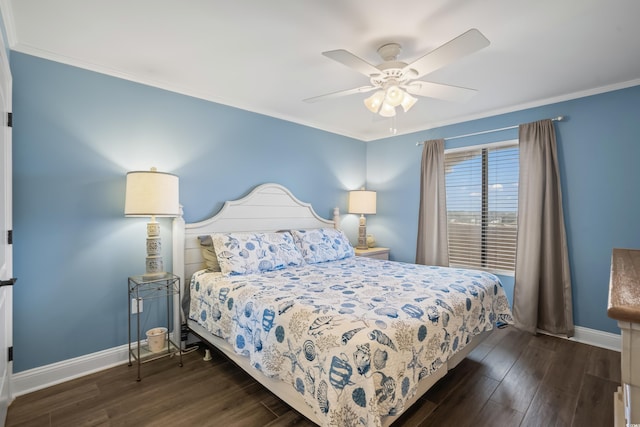 bedroom with ceiling fan, dark hardwood / wood-style floors, and crown molding