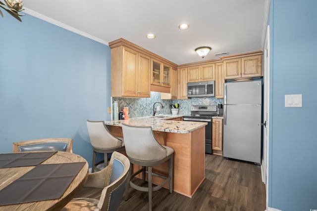 kitchen featuring light stone counters, dark wood-type flooring, kitchen peninsula, stainless steel appliances, and ornamental molding