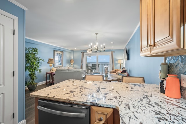 kitchen with stainless steel dishwasher, a chandelier, dark hardwood / wood-style floors, light stone countertops, and crown molding