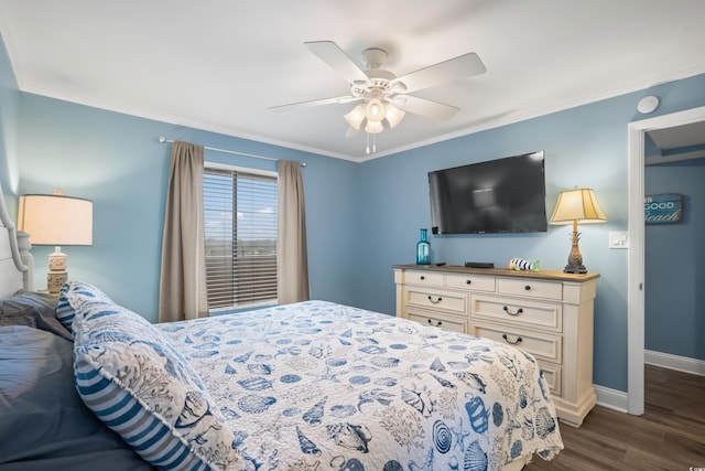 bedroom with ornamental molding, dark hardwood / wood-style floors, and ceiling fan