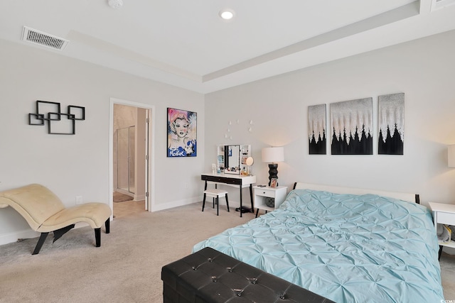 carpeted bedroom featuring a raised ceiling